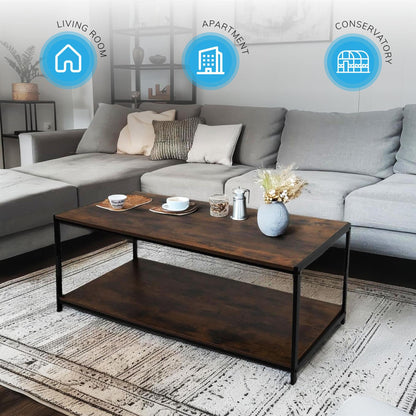 Rustic brown coffee table with black coated frame