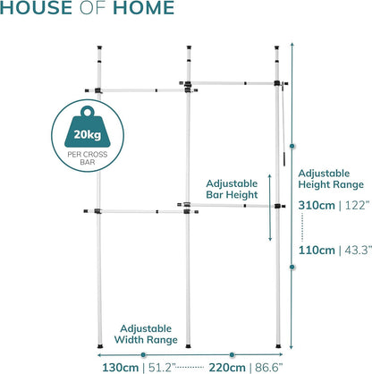 Double Telescopic Wardrobe Organiser Hanging Rail Clothes Rack Adjustable Storage Shelving