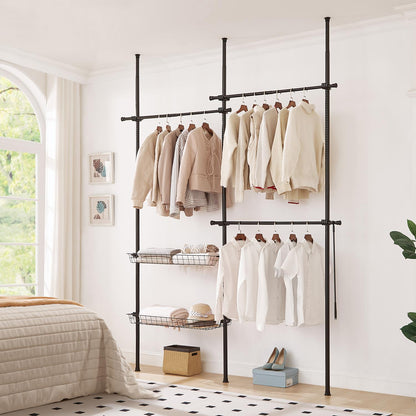 Telescopic Wardrobe Organiser Double Black Rail Clothes Rack Baskets Storage