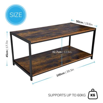 Rustic brown coffee table with black coated frame