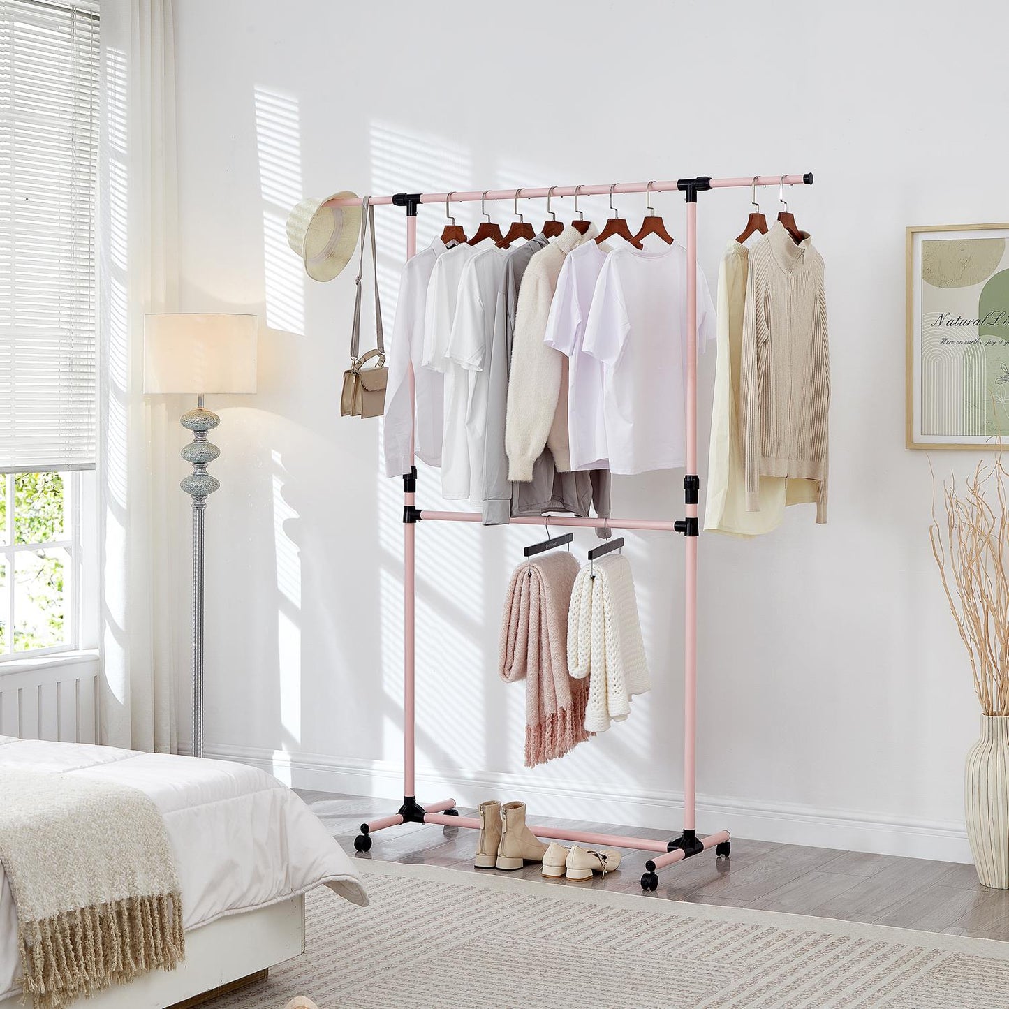 Double Clothes Rail, Extended Top Rail Adjustable Height, Pink