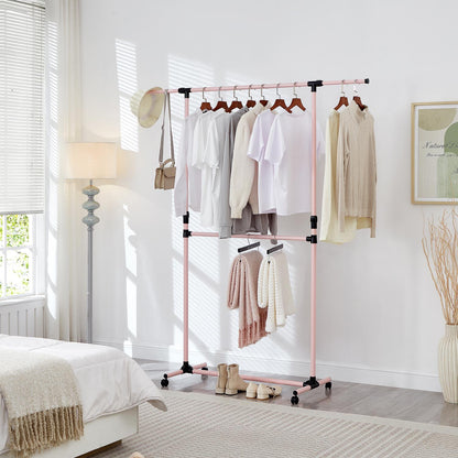Double Clothes Rail, Extended Top Rail Adjustable Height, Pink
