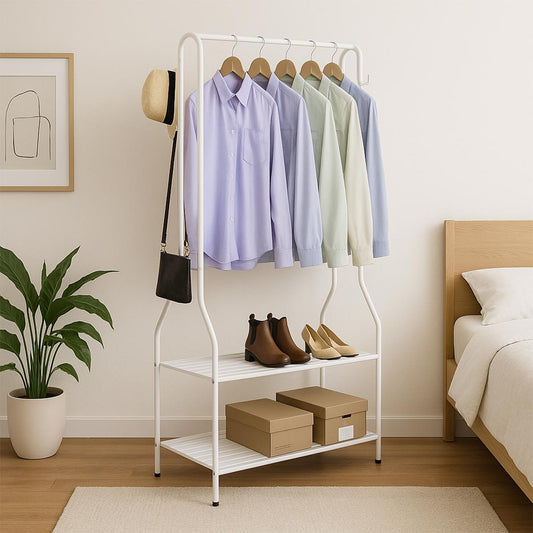 Clothes Rail With Two Shelves in White Powder Coating