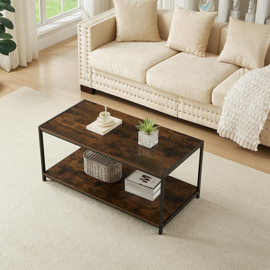 Rustic brown coffee table with black coated frame