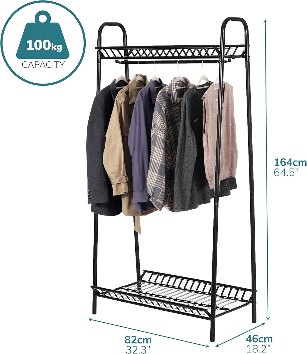 Two Tier Vintage Style Black Steel Clothes Rack with Two Storage Shelves – Perfect Clothing Shoes Bags Hats Storage for Bedrooms Closets & Boutique Shops