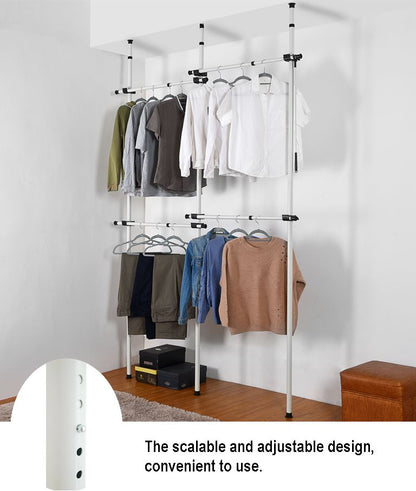 Double Telescopic Wardrobe Organiser Hanging Rail Clothes Rack Adjustable Storage Shelving