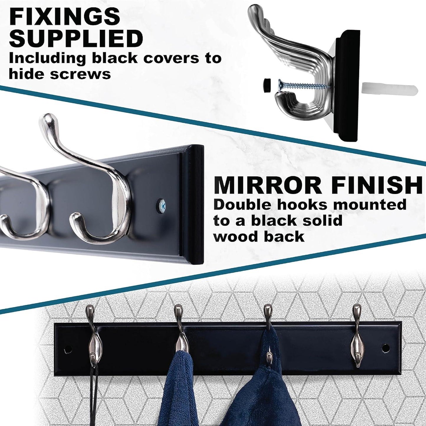 Quality Heavy Duty 4 Double Coat Hooks Wall Or Door Mountable Grey Wooden Board With FREE Fixings