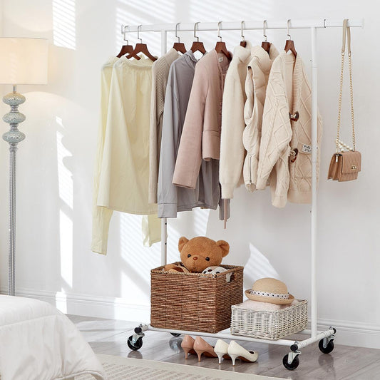 Heavy Duty White Clothes Rail Adjustable Width Height with Shelf, Locking Wheels