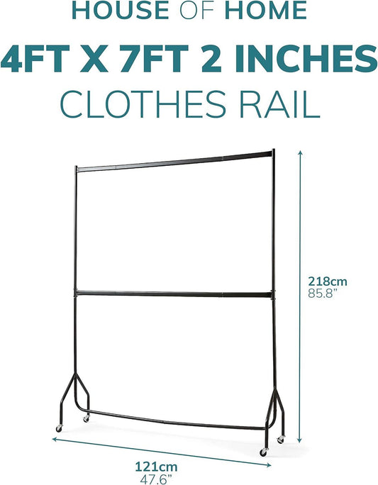 4ft long x 7ft Two Tier Heavy Duty Clothes Rail Garment Hanging Rack In Black