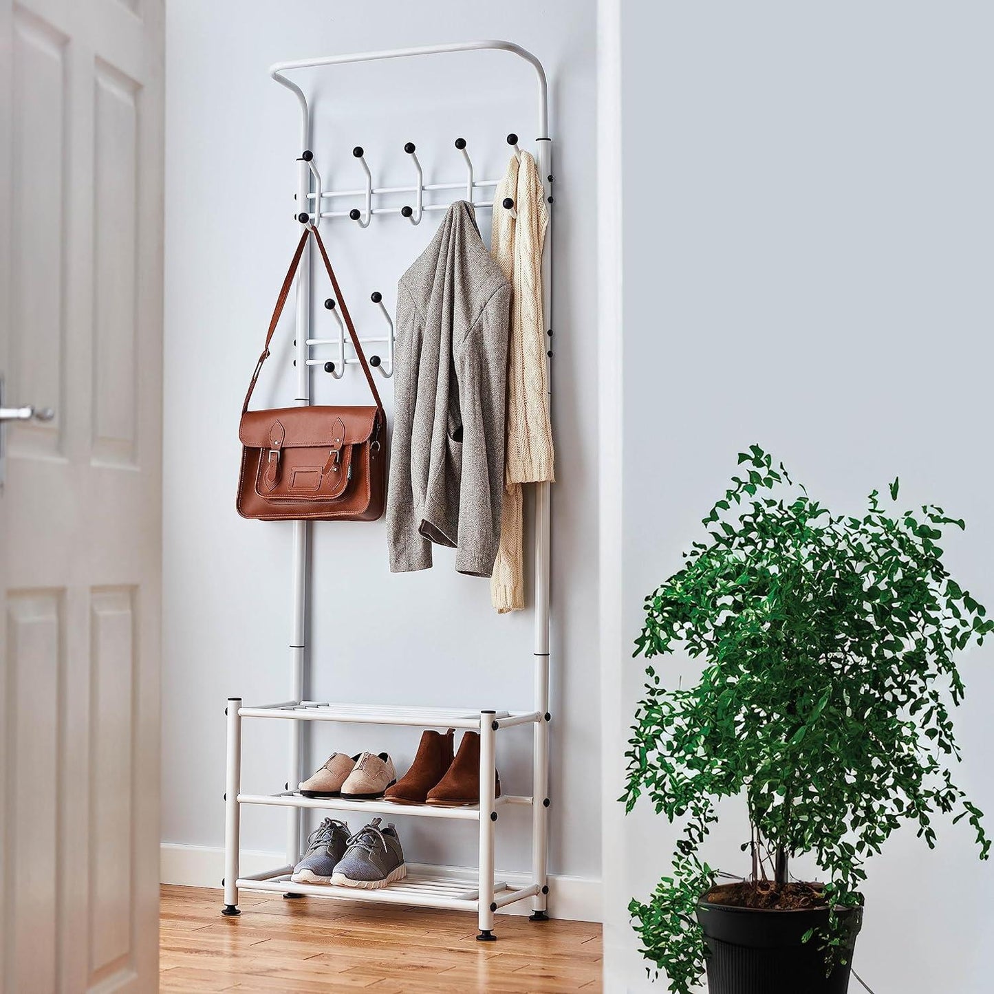 Multi Purpose Stand 18 Hooks For Clothes Shoes Hats Bags - White