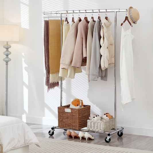 Heavy Duty Chrome Clothes Rail Adjustable Width Height with Shelf Locking Wheels