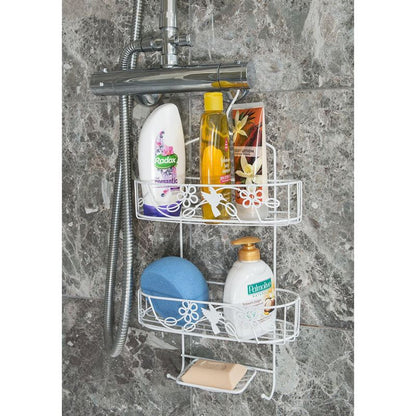 2 Tier White Hanging Shower Caddy With Additional Soap Holder