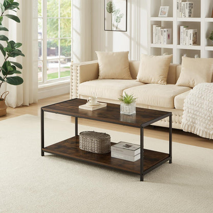 Rustic brown coffee table with black coated frame