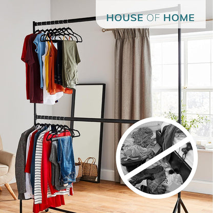 6ft long x 7ft Two Tier Heavy Duty Clothes Rail Garment Hanging Rack In Black