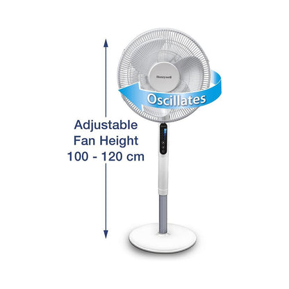 Honeywell Advanced QuietSet Oscillating Stand Fan (5 Speed Settings, Timer Function, Oscillating 70°, Height Adjustment, Remote Control, Easy to Use) HSF600W