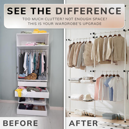 Telescopic Wardrobe Organiser Double White Rail Clothes Rack Baskets Storage